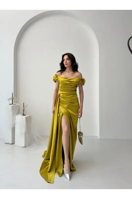 Off-Shoulder Draped Evening Dress-Mustard - 2