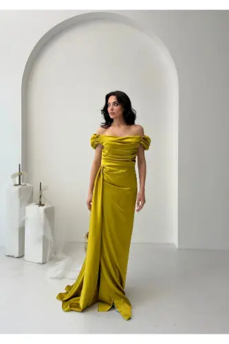 Off-Shoulder Draped Evening Dress-Mustard - 3