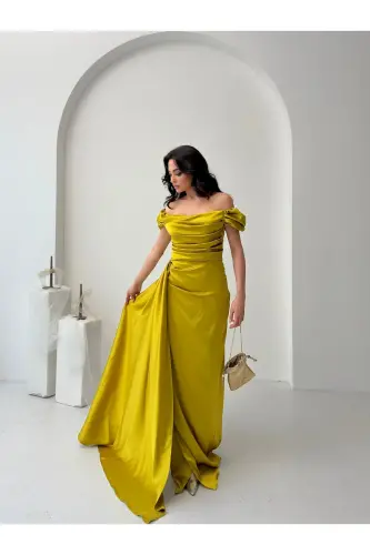 Off-Shoulder Draped Evening Dress-Mustard - 4