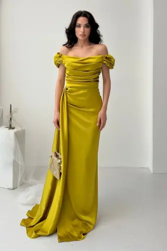 Off-Shoulder Draped Evening Dress-Mustard 
