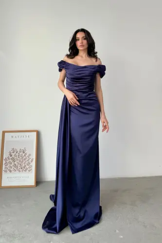 Off-Shoulder Draped Evening Dress - Navy Blue - 3