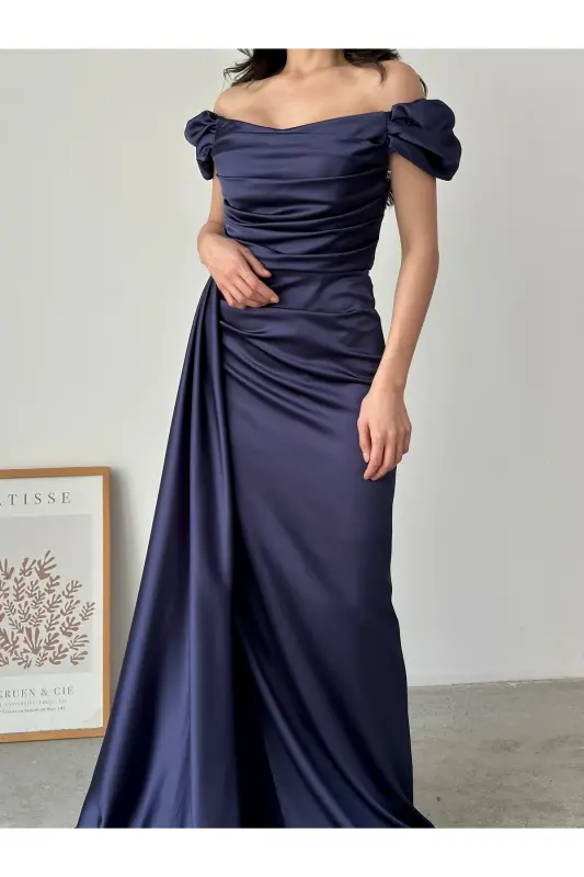 Off-Shoulder Draped Evening Dress - Navy Blue - 5