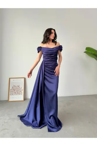 Off-Shoulder Draped Evening Dress - Navy Blue - 6
