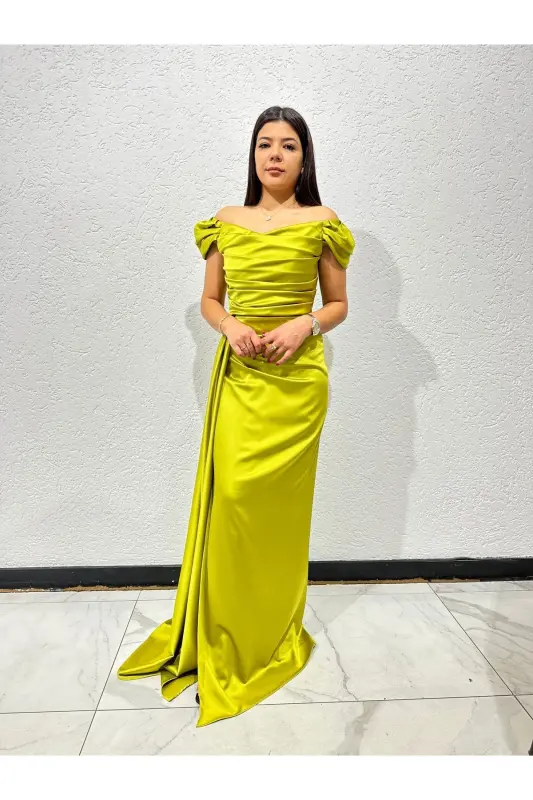 Off-Shoulder Draped Evening Dress-Oil Green - 1