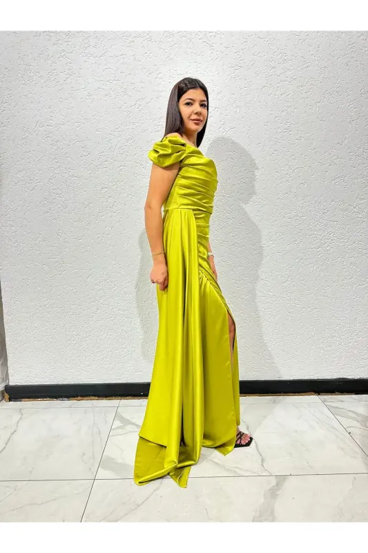 Off-Shoulder Draped Evening Dress-Oil Green - 2