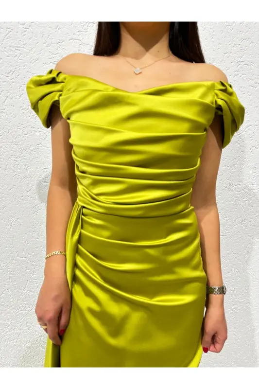 Off-Shoulder Draped Evening Dress-Oil Green - 3