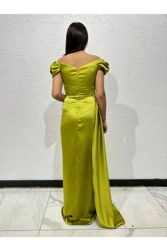 Off-Shoulder Draped Evening Dress-Oil Green - 4