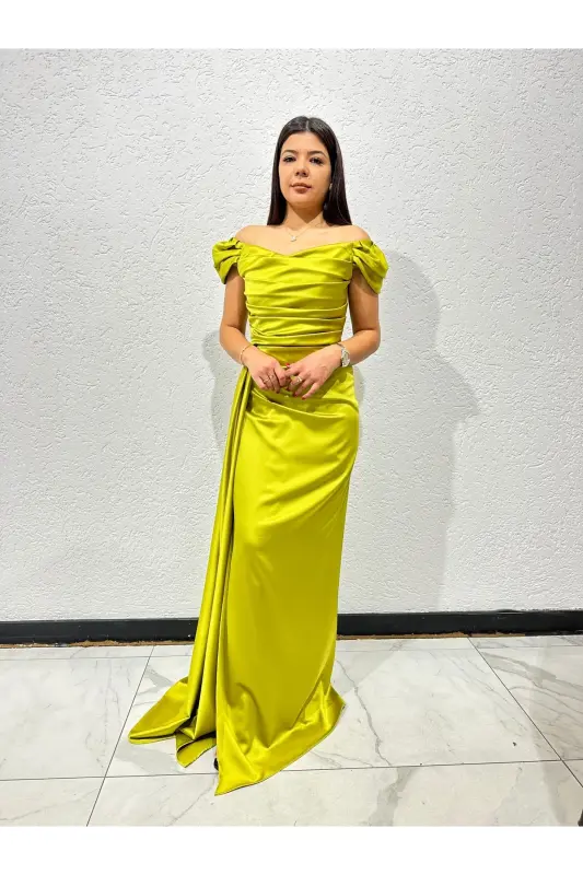 Off-Shoulder Draped Evening Dress-Oil Green - 1