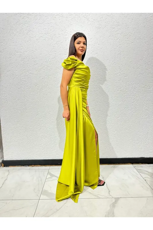 Off-Shoulder Draped Evening Dress-Oil Green - 2