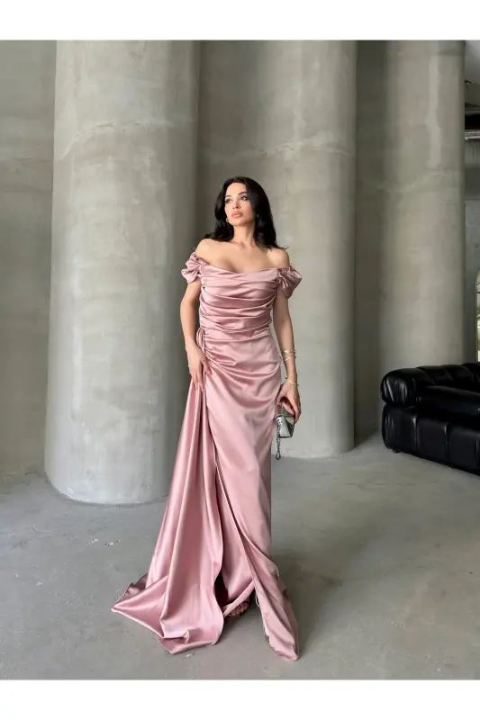 Off-Shoulder Draped Evening Dress-Powder - 2