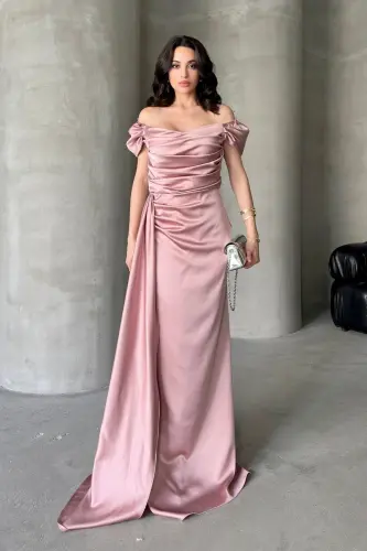 Off-Shoulder Draped Evening Dress-Powder 