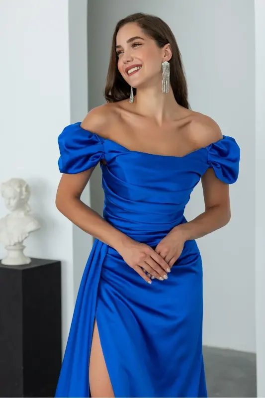 Off-Shoulder Draped Evening Dress-Sapphire - 3