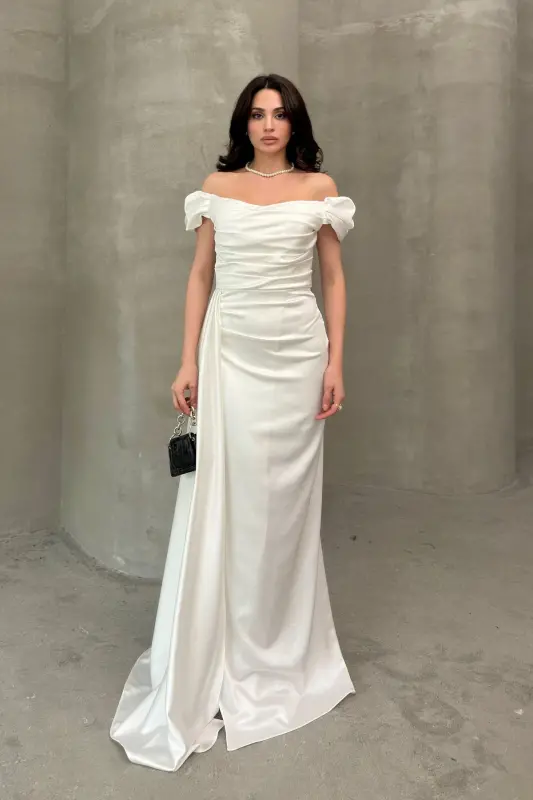 Off-Shoulder Draped Evening Dress-White - 1