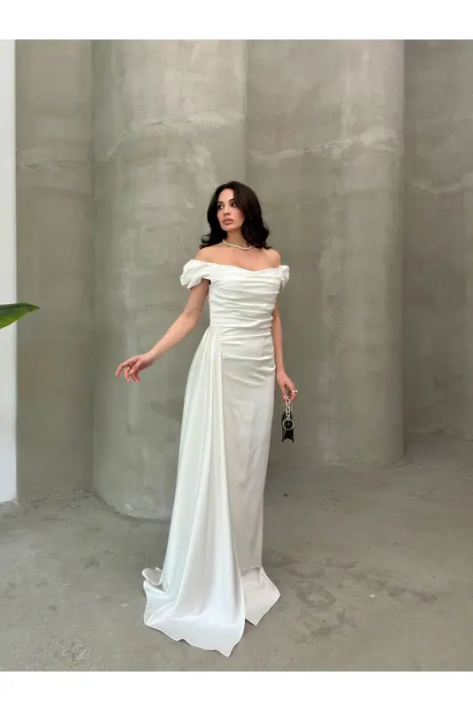 Off-Shoulder Draped Evening Dress-White - 2