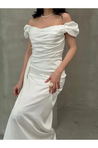 Off-Shoulder Draped Evening Dress-White - 4
