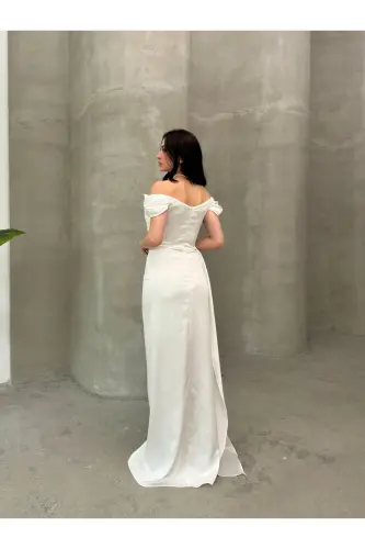 Off-Shoulder Draped Evening Dress-White - 5