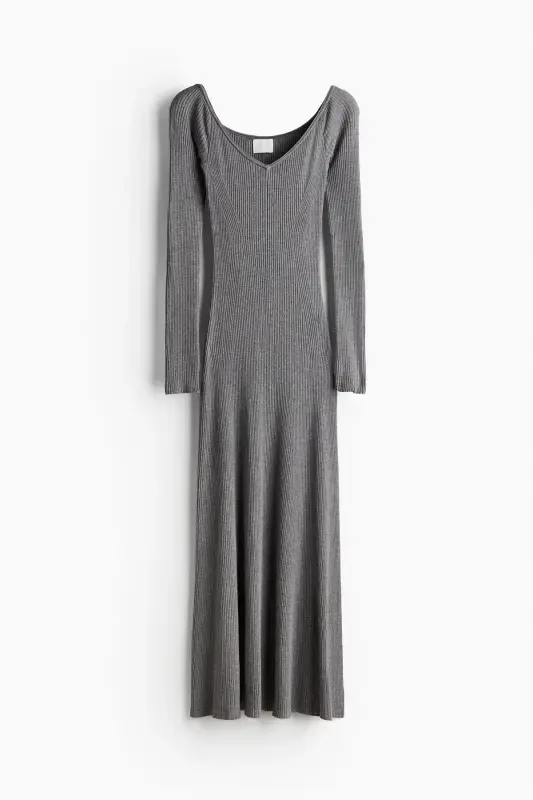Off Shoulder Elastic Knit Dress-Grey marl - 2