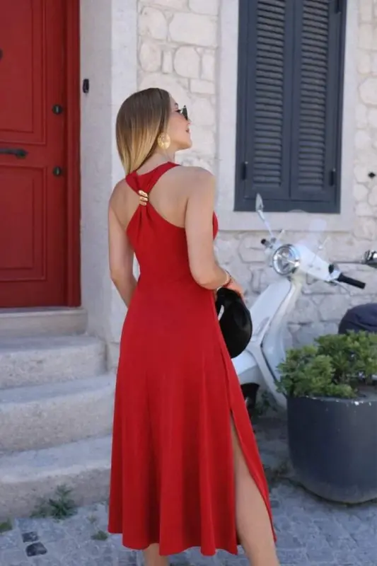 Off-Shoulder Long Viscose Dress with Buckle Detail and Slit at the Back - BÜYÜKBEDENIZ