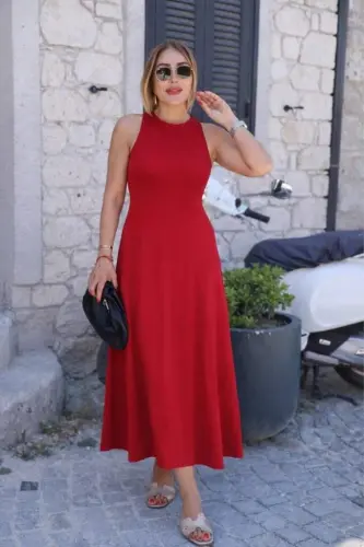 Off-Shoulder Long Viscose Dress with Buckle Detail and Slit at the Back - BÜYÜKBEDENIZ (1)