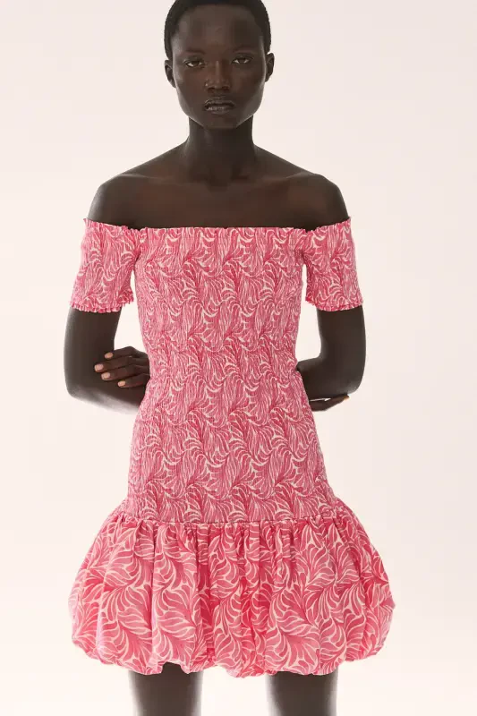 Off-Shoulder Ruched Dress-Pink/Patterned - 4