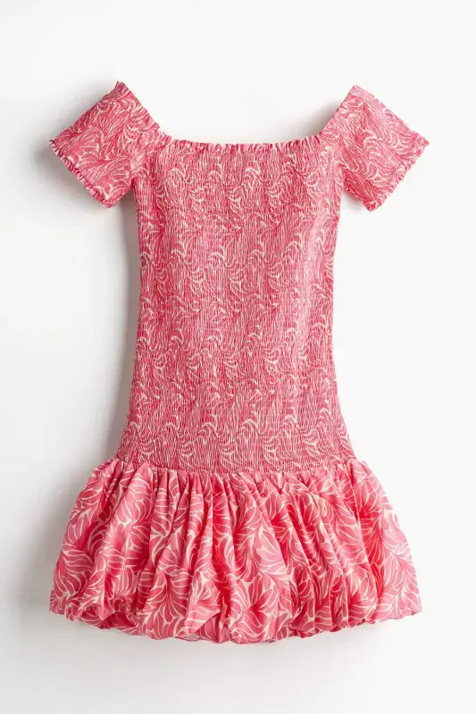 Off-Shoulder Ruched Dress-Pink/Patterned - 5