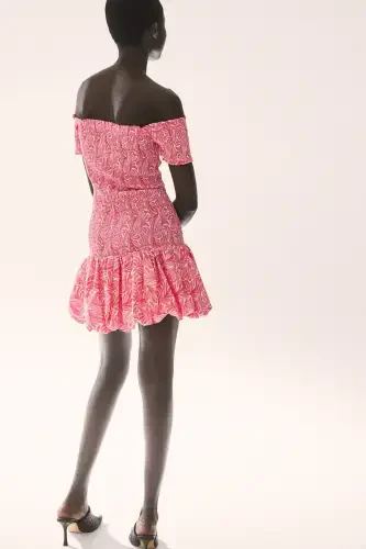 Off-Shoulder Ruched Dress-Pink/Patterned - 6