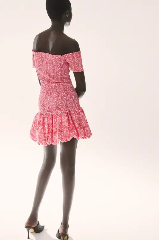 Off-Shoulder Ruched Dress-Pink/Patterned - 6