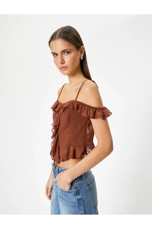 Off Shoulder Ruffle Blouse Crop Spaghetti Strap-Coffee - KOTON