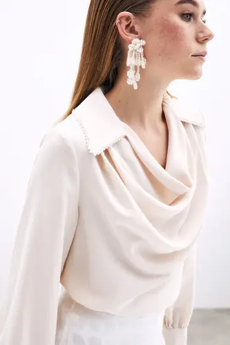 Off-the-shoulder Beaded Baggy Blouse - Beige-BEIGE - 3