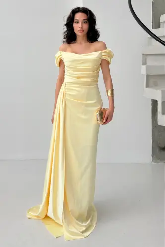 Off-the-Shoulder Draped Evening Dress-Yellow - 1