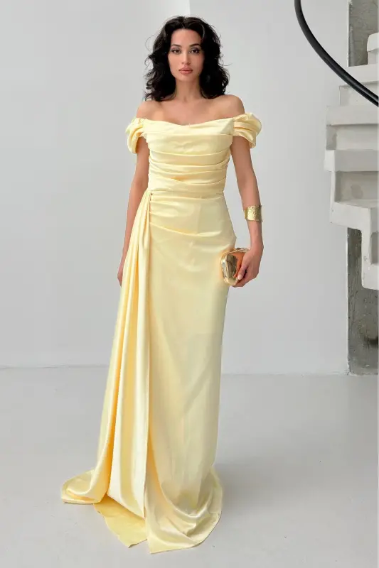 Off-the-Shoulder Draped Evening Dress-Yellow - 1