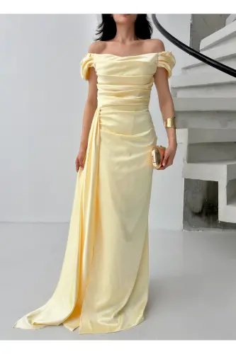 Off-the-Shoulder Draped Evening Dress-Yellow - 3