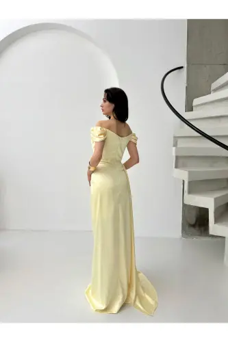 Off-the-Shoulder Draped Evening Dress-Yellow - 4