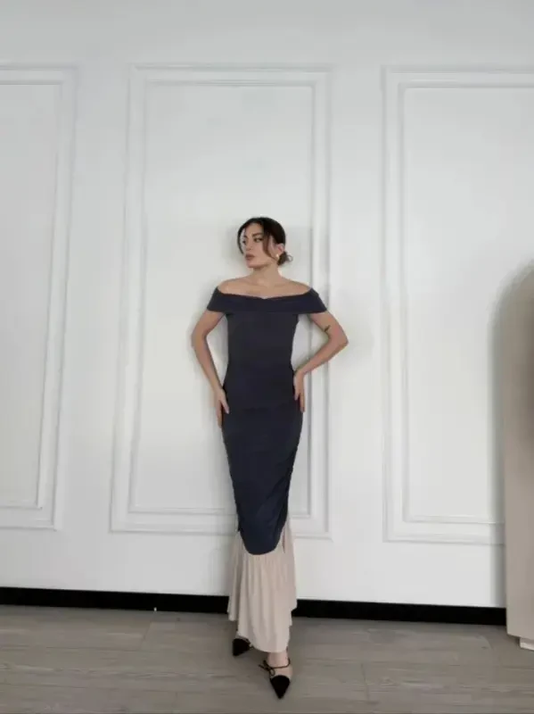 Off-the-Shoulder Long Dress - Smoke Gray - BÜYÜKBEDENIZ