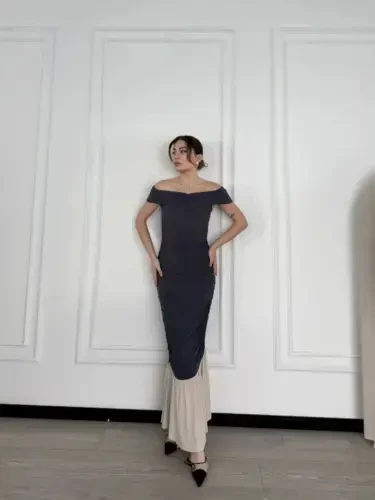 Off-the-Shoulder Long Dress - Smoke Gray - BÜYÜKBEDENIZ (1)