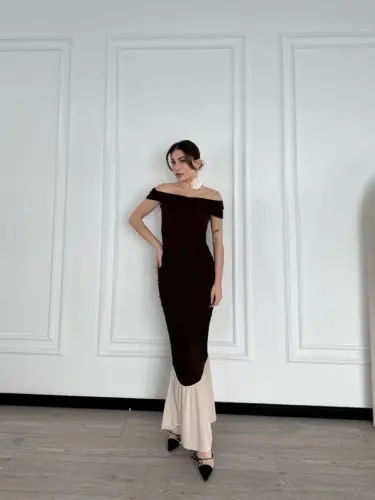 Off-the-Shoulder Maxi Dress - Brown - 1