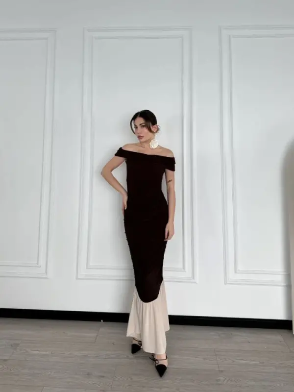 Off-the-Shoulder Maxi Dress - Brown - 1