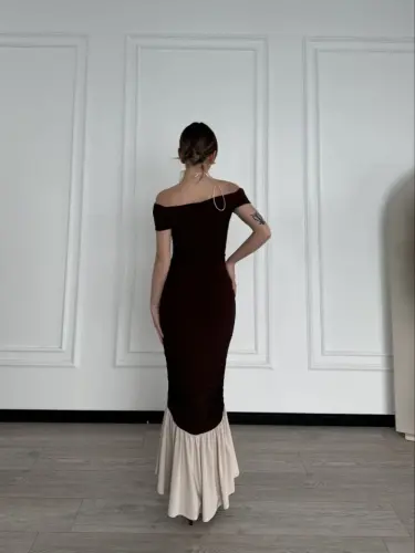 Off-the-Shoulder Maxi Dress - Brown - BÜYÜKBEDENIZ (1)