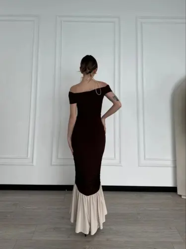 Off-the-Shoulder Maxi Dress - Coffee - BÜYÜKBEDENIZ (1)