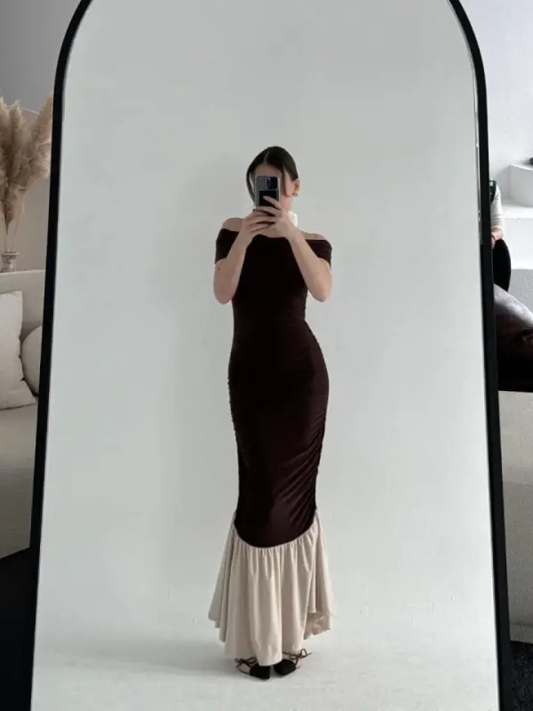 Off-the-Shoulder Maxi Dress - Coffee - 3