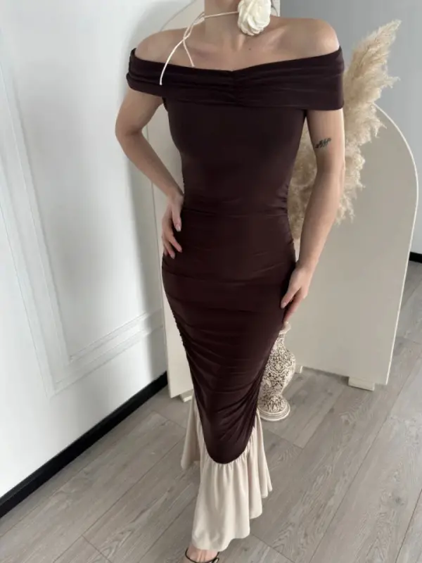 Off-the-Shoulder Maxi Dress - Coffee - 4