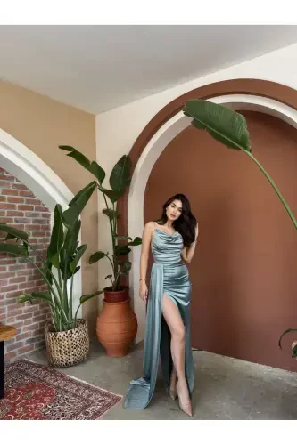 Off-the-shoulder Neck Slit Evening Dress 582243-Mint Green - 3