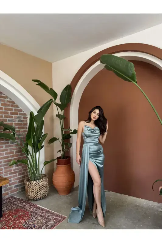 Off-the-shoulder Neck Slit Evening Dress 582243-Mint Green - 3