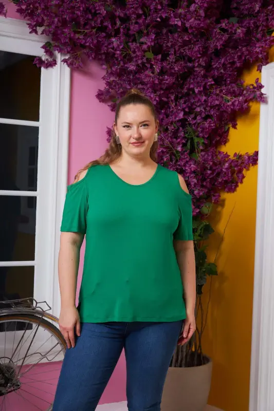 Off-the-shoulder Plus Size T-Shirt Green - BÜYÜKBEDENIZ