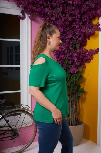Off-the-shoulder Plus Size T-Shirt Green - BÜYÜKBEDENIZ (1)