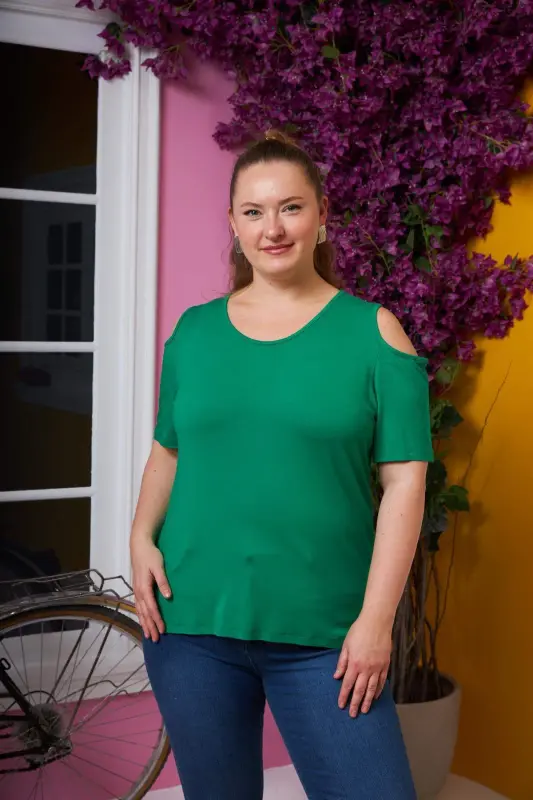 Off-the-shoulder Plus Size T-Shirt Green - 4