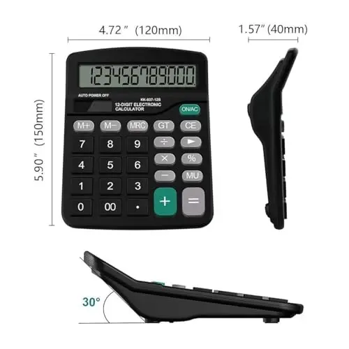 Office Desk Calculator - Dual Power Simple Financial Calculator with Big Button Large Display for Office, Home & School (Black) - 2