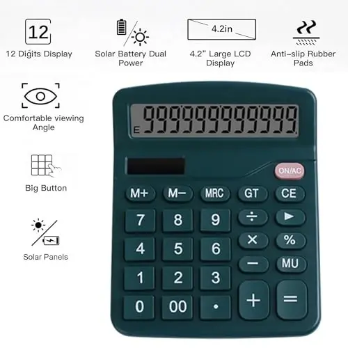 Office Desk Calculator - Dual Power Simple Financial Calculator with Big Button Large Display for Office, Home & School (Green) - 3