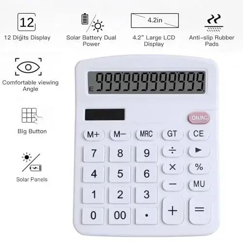 Office Desk Calculator, Cute Calculator for Kids, Basic Calculators Desktop, Dual Power Simple Financial Calculator with Big Button Large Display for Office Home and School (White) - 3