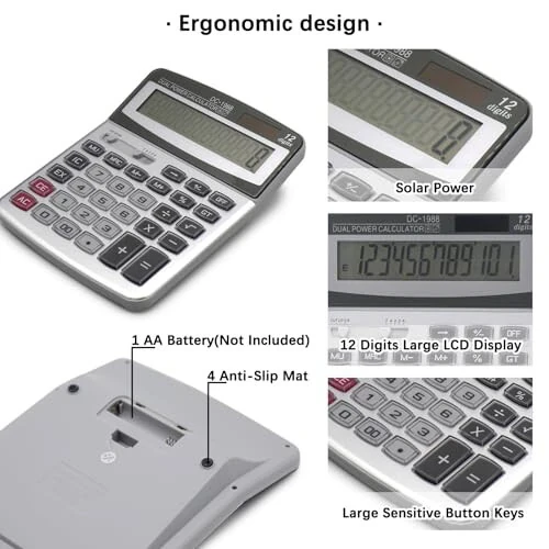 OFFIDIX Desk Calculator 12 Digits Extra Large LCD Display, Big Buttons Dual Power Solar Calculator for Office, Work, Business, Home and School - 3